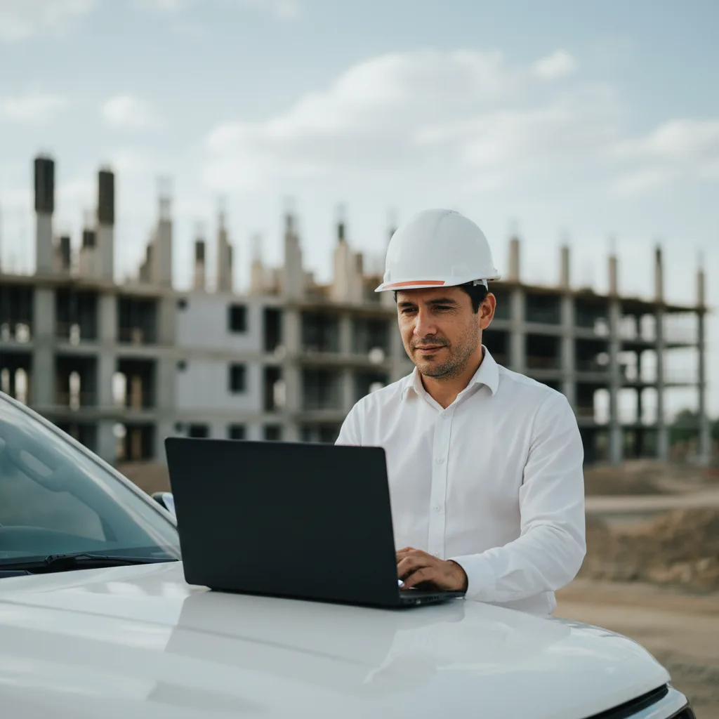 Ingeniero con una laptop apoyada sobre un automovil con fondo una obra en construccion.webp