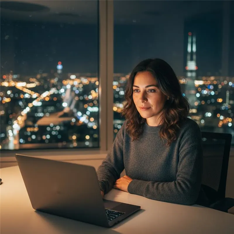 Mujer sentada en su escritorio frente a una laptop con un gran ventanal a vista a la ciudad nocturna.webp