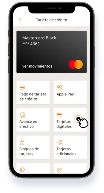 Celular con aplicación del banco, mostrando tarjeta digital.